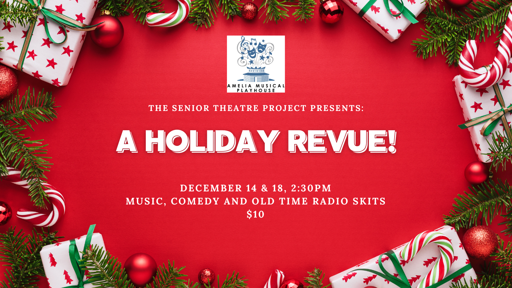 red background with Christmas presents and decorations. White text says join us for a holiday revue! Tickets $10.