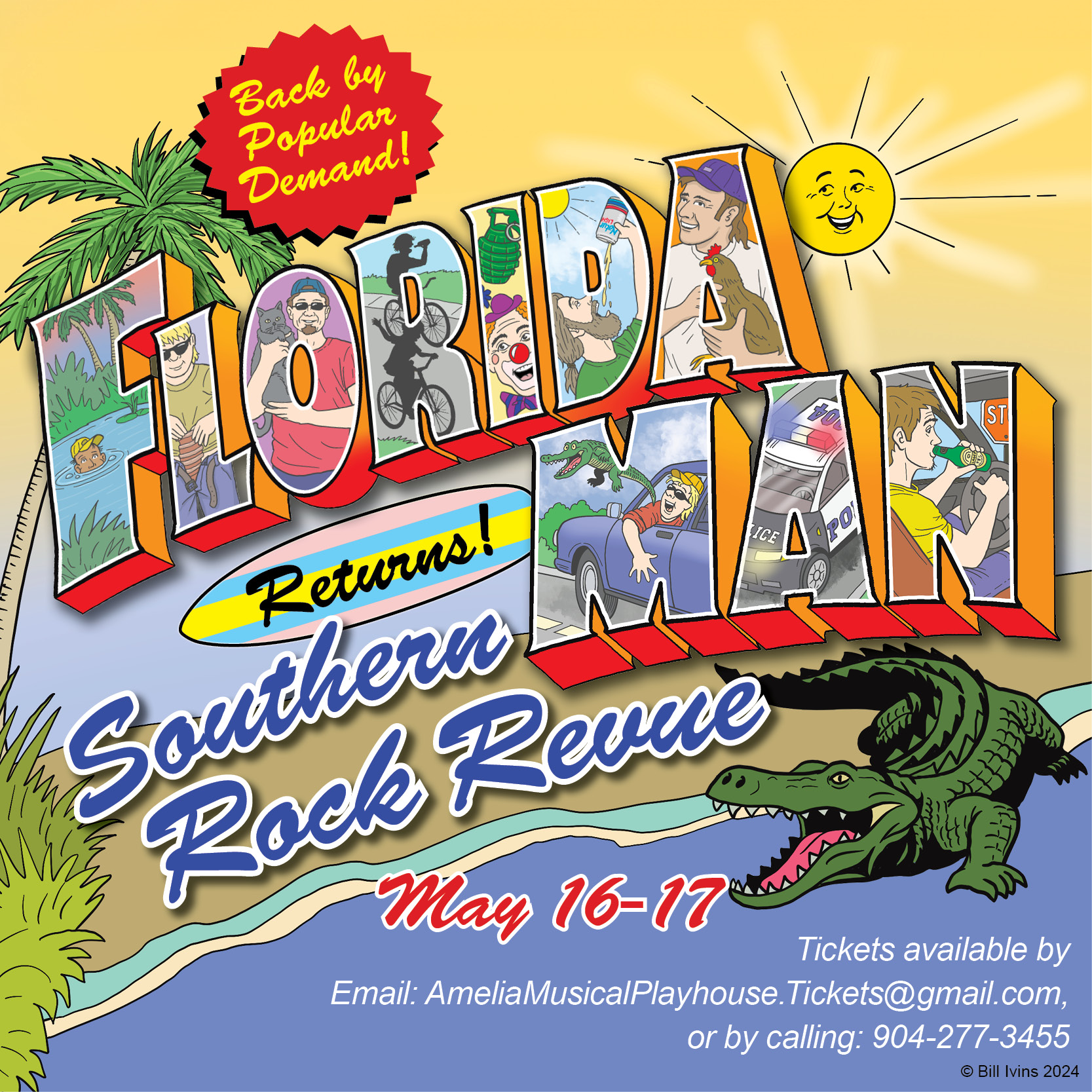 The title Florida Man is written in block text with different Florida scenes drawn inside each letter. Underneath, it says Southern Rock Revue in blue cursive lettering.