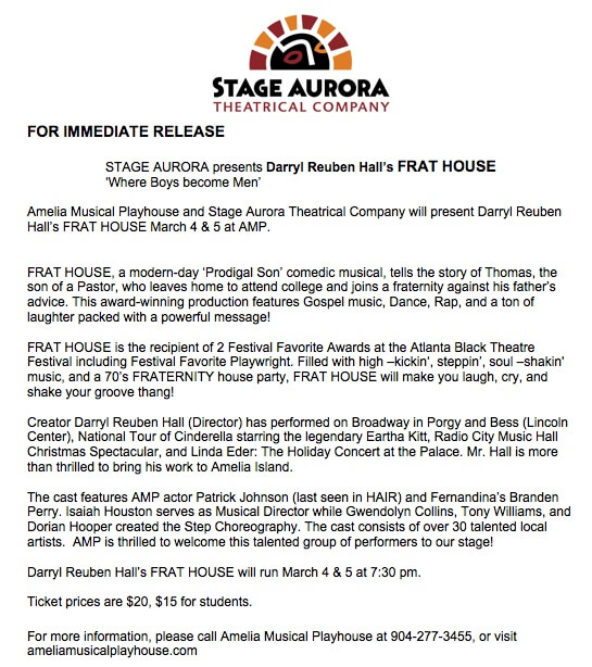 Stage Aurora FRAT HOUSE press release