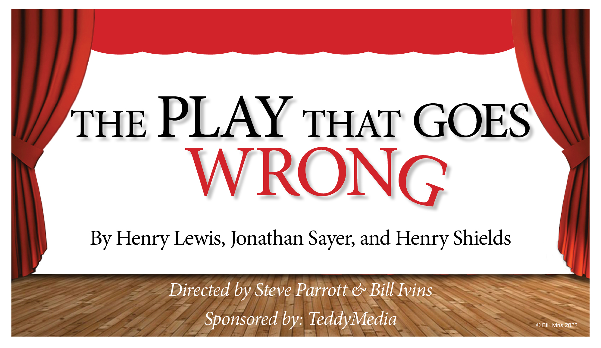 The Play That Goes Wrong set inside a red theater curtain