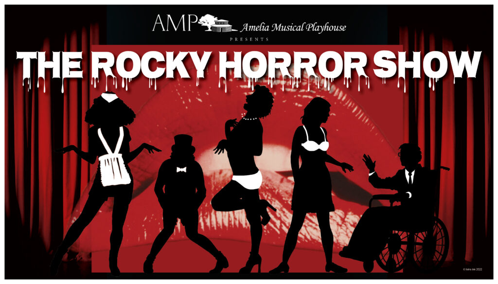 The Rocky Horror Show white text against a read background with black figurines