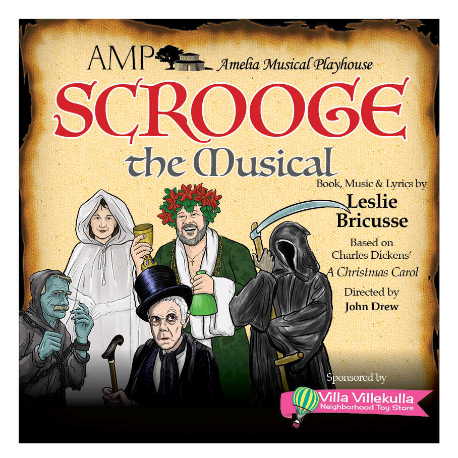Red text says Scrooge the musical. Five cartoon figures show Jacob Marley, the Ghost of Christmas Past, Ebenezer Scrooge, the Ghost of Christmas Present and the Ghost of Christmas Yet to Come